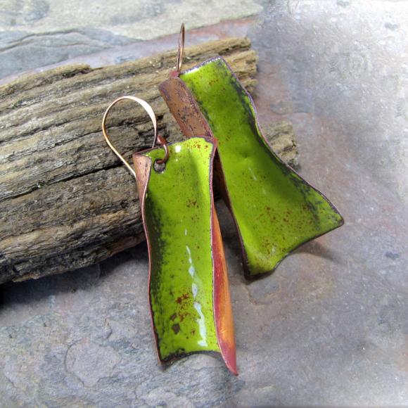 Green Enamel Formed Rustic Earrings