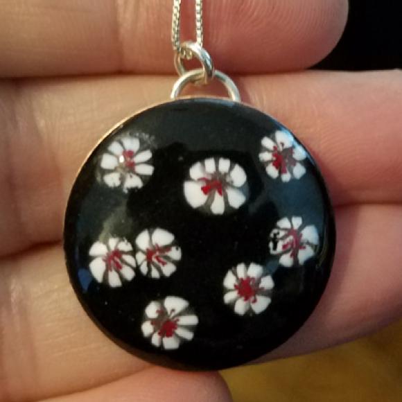 White Enamel Flowers on Black Pendant