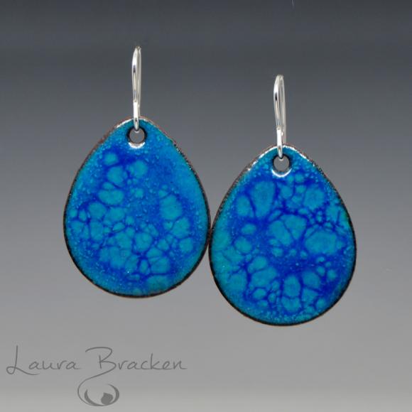 Blue on Blue Kiln Enamel Earrings Teardrop Shape Handmade with Sterling Silver Earwires.jpg