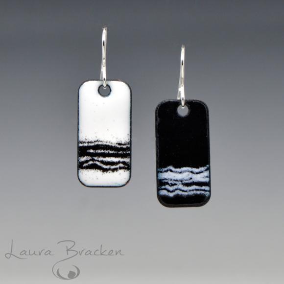 Alternating White and Black Sgraffito Kiln Enamel Earrings Small Rectangles Handmade with Sterling Silver Earwires.jpg