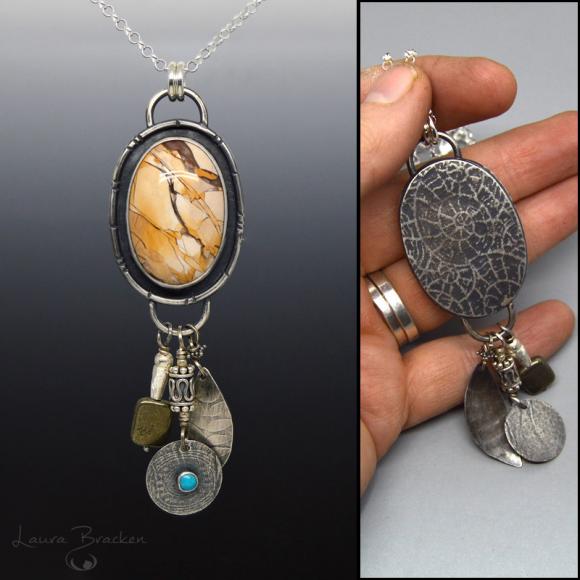 Moukite Jasper Pendant Necklace with Charms Sterling Silver Turquoise Pyrite