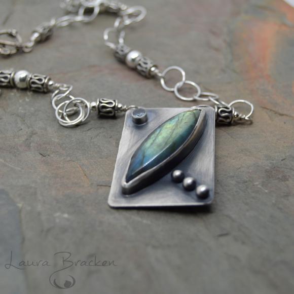 Green Labradorite Pendant in Sterling Silver with Lab Alexandrite Accent Handmade Necklace