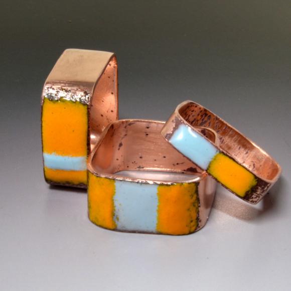 Set of Orange and Blue Enamel Square Rings