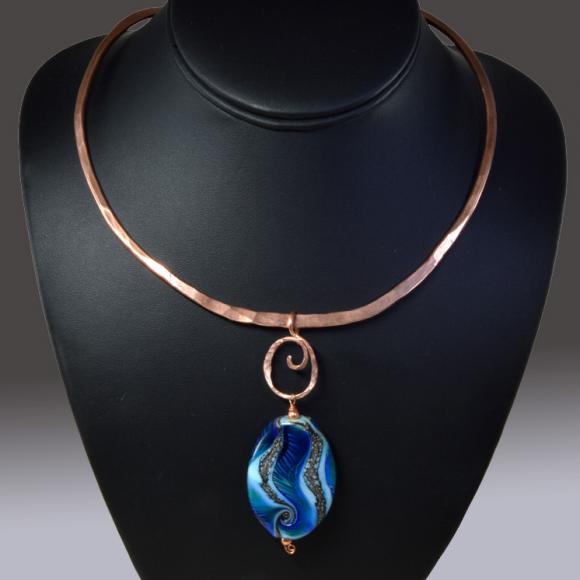 Forged and Formed Copper Torque Necklace with Lampwork Focal